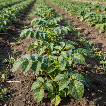 Charcoal Drawing Potato Dirt. Rows Of Young Potato Plants In A Field