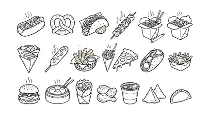 Set of 20 Hand-Drawn Fast Food and Street Food Line Art Icons Vector © munawwar bibi