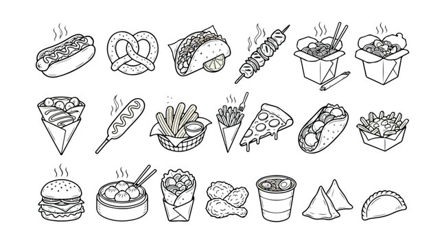 Set of 20 Hand-Drawn Fast Food and Street Food Line Art Icons Vector