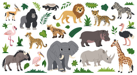 Obraz premium African animals set. Cartoon safari animals, inhabitants of Africa. Wild exotic savannah animals and tropical leaves collection. White background.