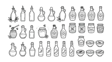 Set of 39 hand-drawn line art food oil, sauce, and honey jar and bottle vector illustrations © munawwar bibi