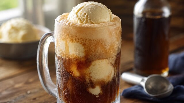 Frosty root beer float in a glass mug topped with scoops of vanilla ice cream