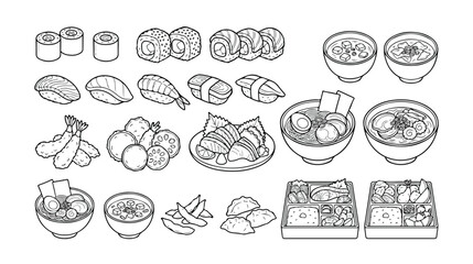 Set of Japanese Food Dishes Line Art Icons Vector © munawwar bibi