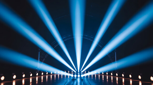 Stage lighting with bright blue beams radiating outwards in a dark atmospheric venue dark venue