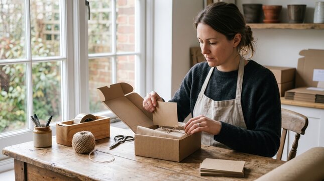 Caring woman packaging handmade gifts in a cozy home studio with natural light