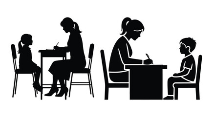 Fototapeta premium Teacher And Students Silhouette Black Figures On White Background academic