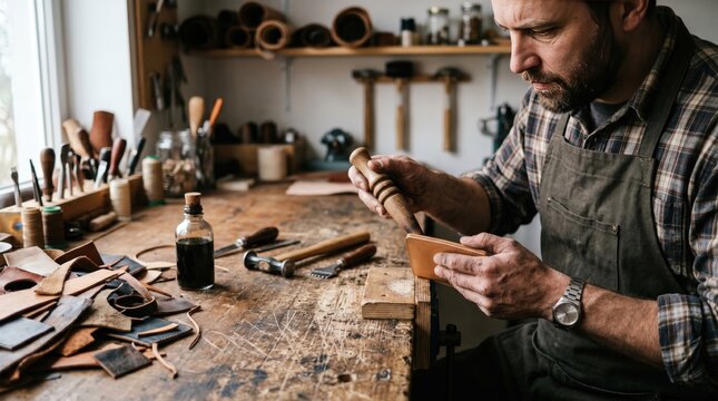 Skilled craftsman working on leather goods in a cozy workshop setting