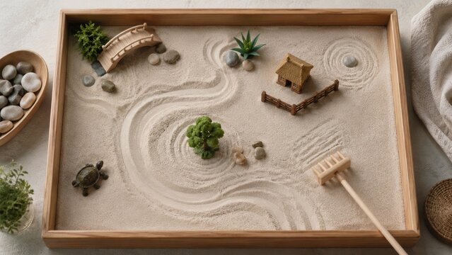Mini tabletop Zen sand garden with raked patterns, wooden tray, bridge, miniature house, plants, pebbles, rake and turtle figurine
