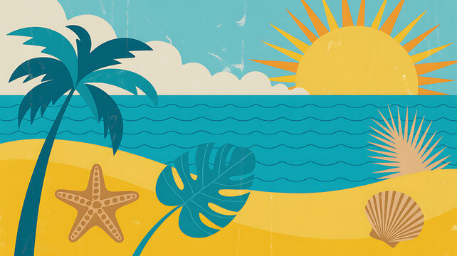 Stylized tropical beach scene with palm tree starfish sun and ocean waves (127