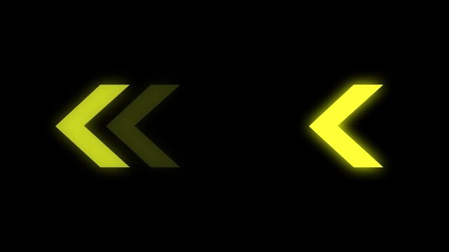 Abstract glowing neon arrow indicator for digital navigation, futuristic glowing direction pointer, interactive motion graphic element for online interfaces, yellow arrows moving right to left.