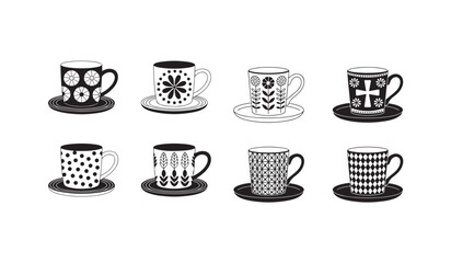 Scandinavian style ceramic tea cups with saucers set isolated on transparent background vectors. © Creative_Aminur