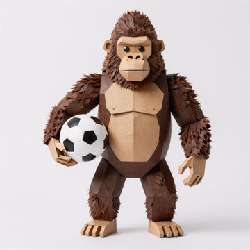 Papercraft Soccer 25-29 Years. A Young Man In A Gorilla Costume Holds A Soccer Ball Against A White Backdrop