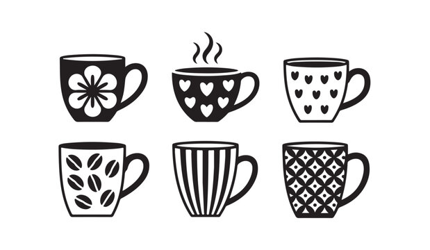 Set of six vector ceramic coffee mugs with various creative artistic patterns on transparent background.