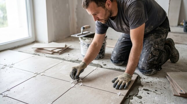 Photorealistic lifestyle scene of a man installing floor tiles in a modern home