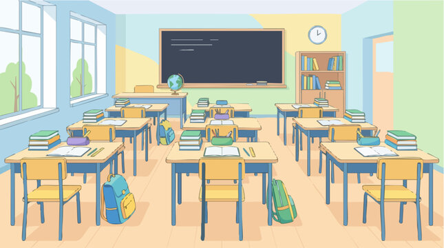 Empty Classroom Ready for Learning: A neatly arranged classroom filled with desks, chairs, books, and backpacks.