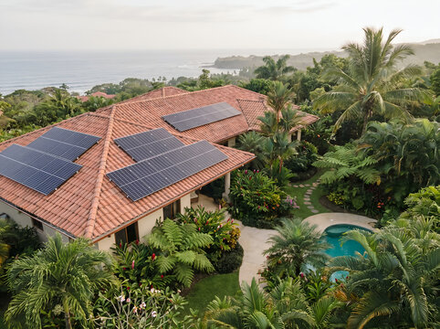 Traditional Balinese Villa Rooftop with Red Tiles Surrounded by Dense Tropical Trees