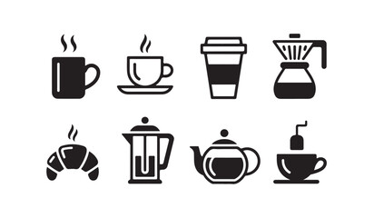 Obraz premium Variety of coffee and breakfast items including steaming mugs croissant and teapots vector icons.