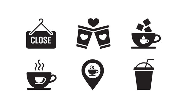 Close sign cup love ice beverage coffee hot drink map pin latte espresso mocha vector icon.