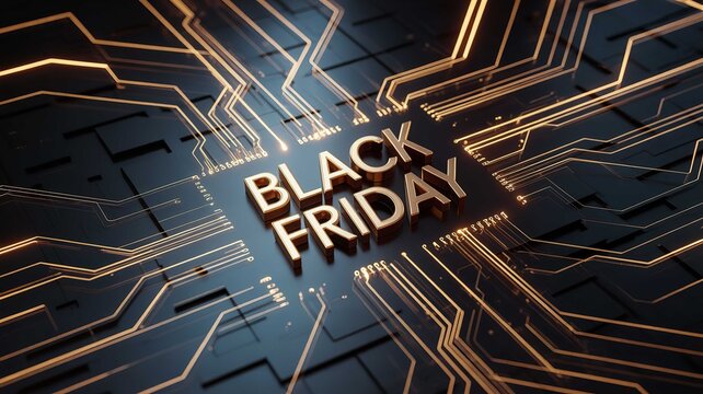 Golden black friday text resting on a dark electronic circuit board with glowing orange light lines