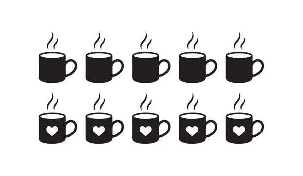 Set of steaming coffee mugs with and without heart designs showing warmth and affection vector.