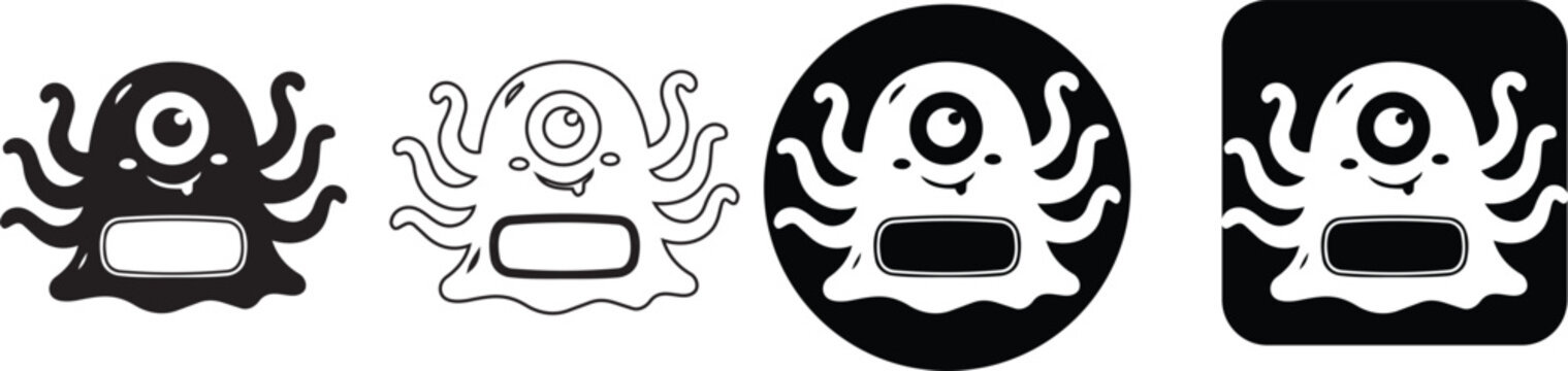 Smiling one eyed cyclops octopus monster creature with multiple tentacles text frame banner