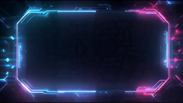 Dynamic digital interface background featuring vibrant neon lines and a glowing futuristic frame, ideal for technology presentations and motion graphics