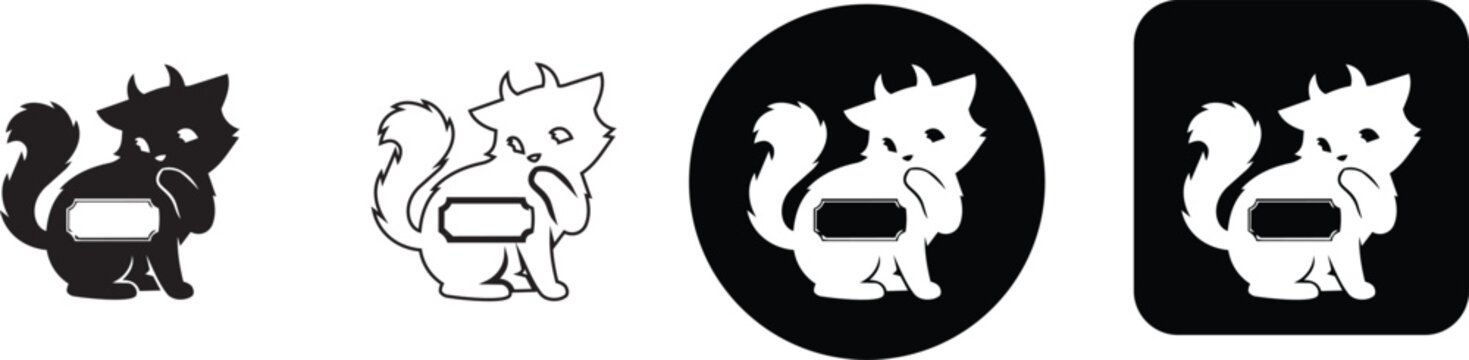 Cute shy little devil cat character with horns sitting and holding blank label banner