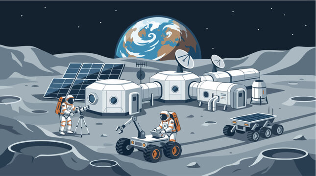 Lunar Colony Construction: Astronauts work diligently to build a futuristic lunar base, with solar panels and a rover assisting in the monumental task of establishing humanity's presence beyond Earth.