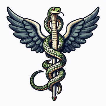 Storybook Illustration Medical Vector. A Snake-Staff With Wings: The Classic Medical Symbol Of Healing And Healthcare