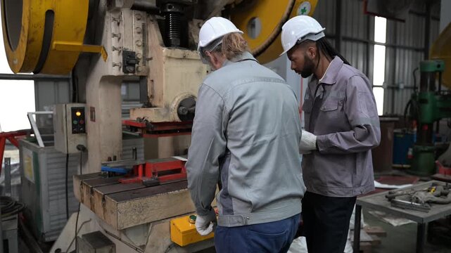Industrial workers inspecting heavy hydraulic metal press machine