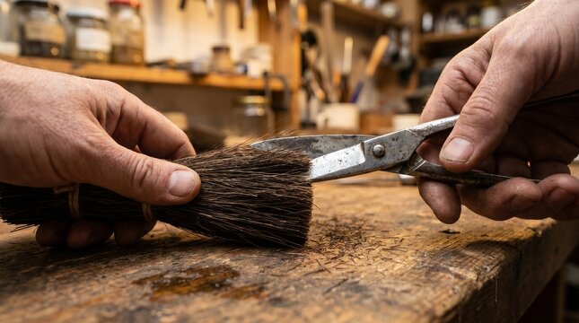 Craftsman's hands trimming a natural fiber brush with vintage scissors on a rustic wooden workbench in a workshop