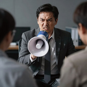 Cinematic Megaphone Upset. An Angry Boss, Wielding A Megaphone, Seated On His Chair