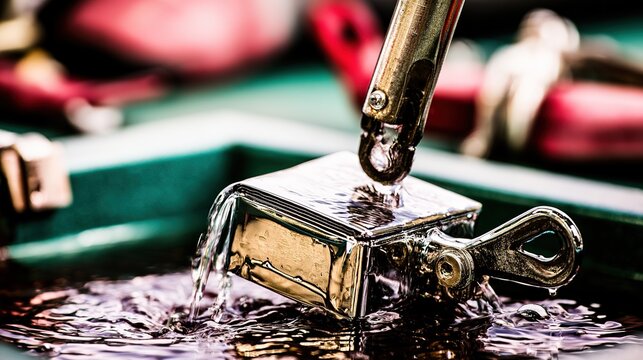 Metal part emerging from electroplating liquid with bright chrome mirror, splashing droplets, strong focus light, shallow depth