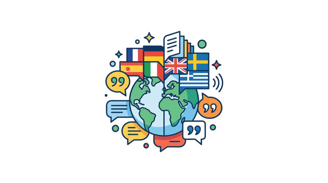 Global Communication and Languages: Earth with Flags and Speech Bubbles