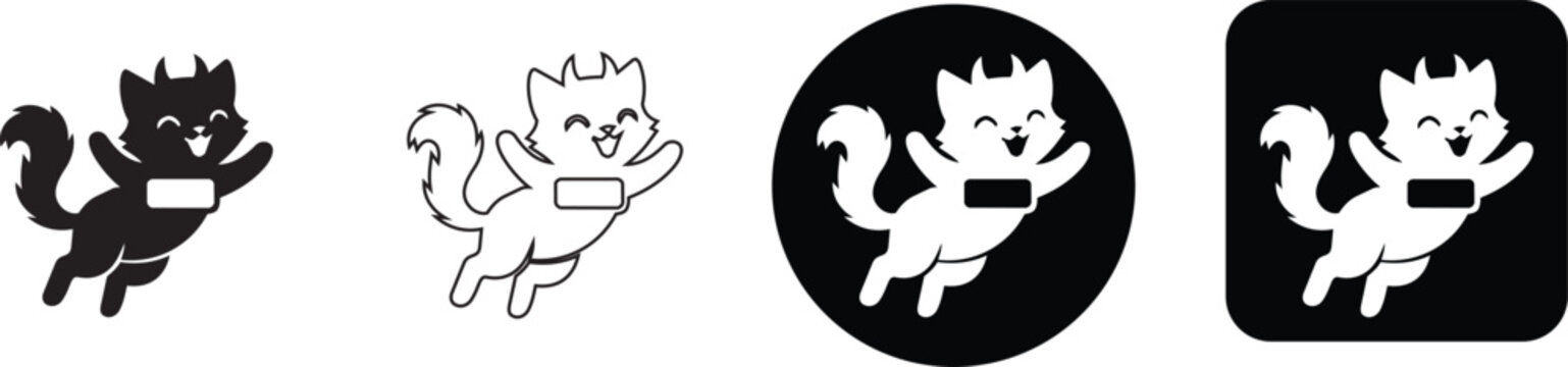 Cute playful jumping cat character with devil horns and fluffy tail icon set