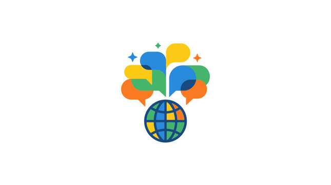 Global Communication Concept: Globe with Speech Bubbles and Stars
