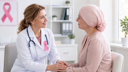 Fototapeta na wymiar Female doctor with pink ribbon holds hands and comforts a woman wearing a headscarf during a breast cancer consultation in a bright clinic