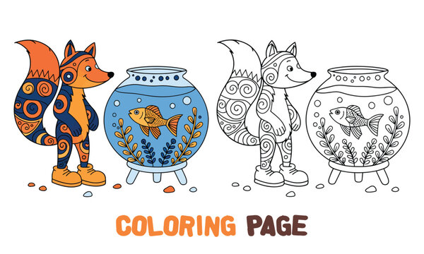 Coloring Page, Fox and Wolf, Fish Bowl Illustrations, Kids Activity Sheet, Vector Art