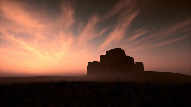 Massive stepped ziggurat silhouette in warm sunset earth tones, concise composition, Mesopotamian epic imagery