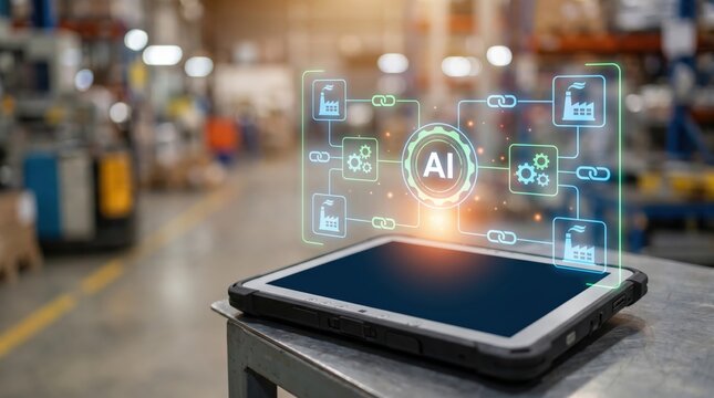 AI Industrial Supply Chain, Smart Warehouse Logistics, and Global Node Automation Concept: Floating Holographic Factory Flowchart and Gear Icons with Central Glowing Badge over Tablet