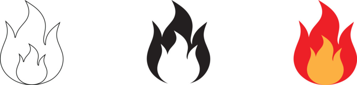 Set of three fire icons, including outline, solid black, and colored flame symbols