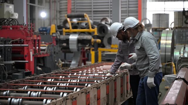 Metal factory workers inspecting heavy machinery conveyor line