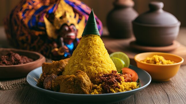 Tumpeng cone with batik cloth and wayang puppet, Indonesian festive food, rich cultural elements, natural light