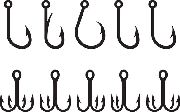 Fishing Hook Silhouette Icon Set &ndash; Sharp Angling Hooks Collection Isolated on White Background

