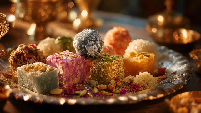 Traditional Indian Sweets and Mithai on Silver Festive Platter