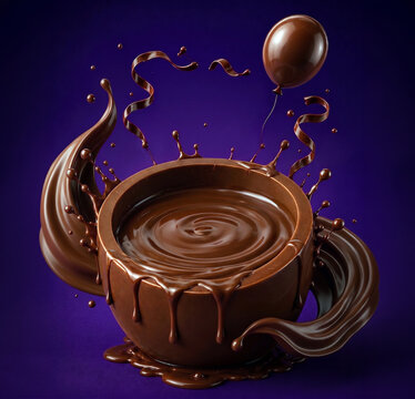 Premium 3D Chocolate Splash Composition with Flowing Ribbons