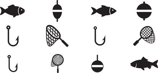 Fishing Icons Collection – Fish, Hook, Float and Landing Net Silhouette Vector Set   © Open Expression