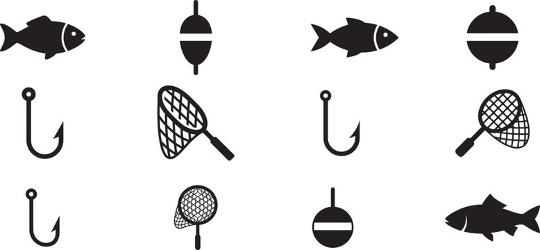 Fishing Icons Collection &ndash; Fish, Hook, Float and Landing Net Silhouette Vector Set

