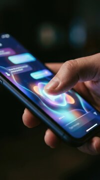 Man using mobile phone with artificial intelligence chatbot interface. Interaction with digital voice assistant on smartphone screen. Innovative technology and network communication concept.
