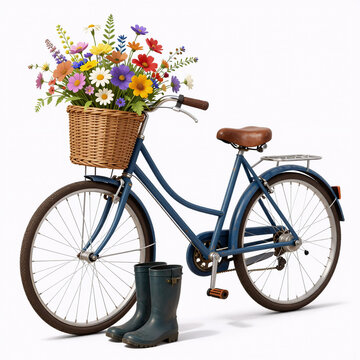 Mecha Rain Village. A Shabby Chic, Watercolor Illustration Of A Vintage Blue Bicycle Adorned With Wildflowers And A Floral Bouquet, Set Against A White Background In The Country Style
